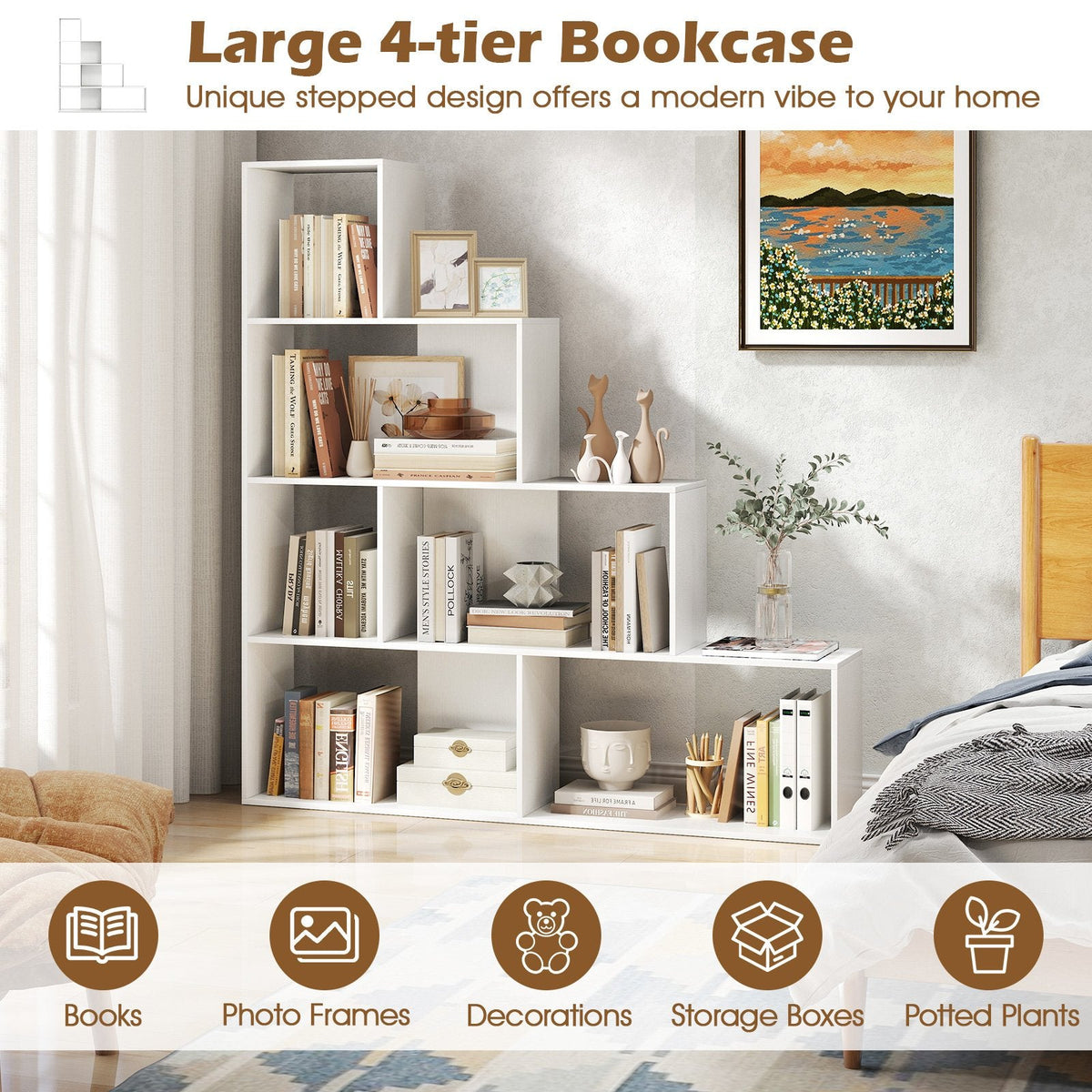 4 Tier Stair Bookcase with 6 Cubes, Stepped Display Shelf, White