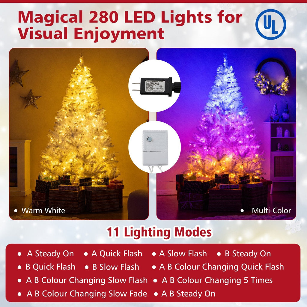 6 FT White Pre-Lit Hinged Christmas Tree with 1000 Tips, 280 Dual Colour LEDs and 11 Modes