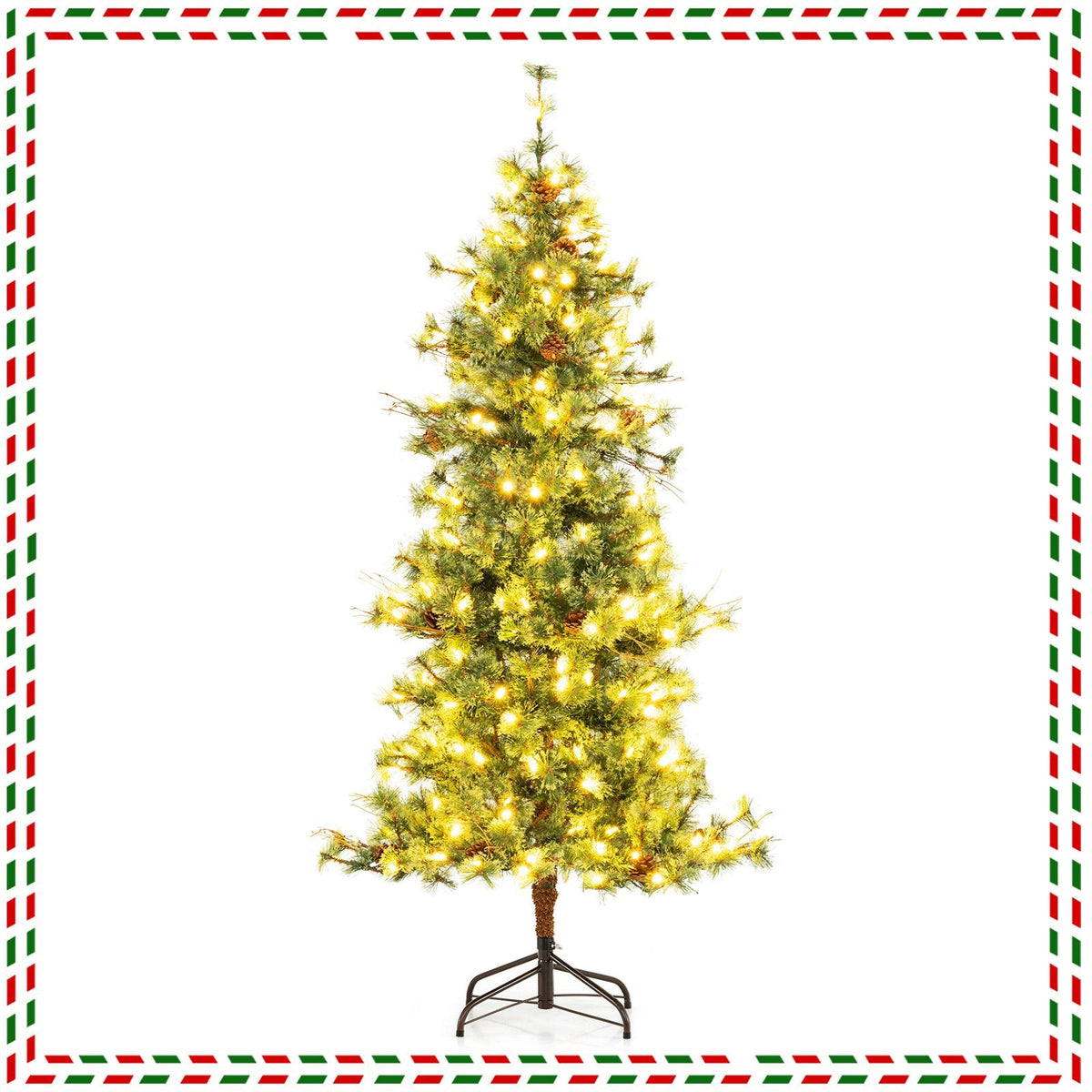 6 FT Pre-Lit Hinged Christmas Tree with 370 Cashmere Tips, 22 Pine Cones and Vintage Style LEDs