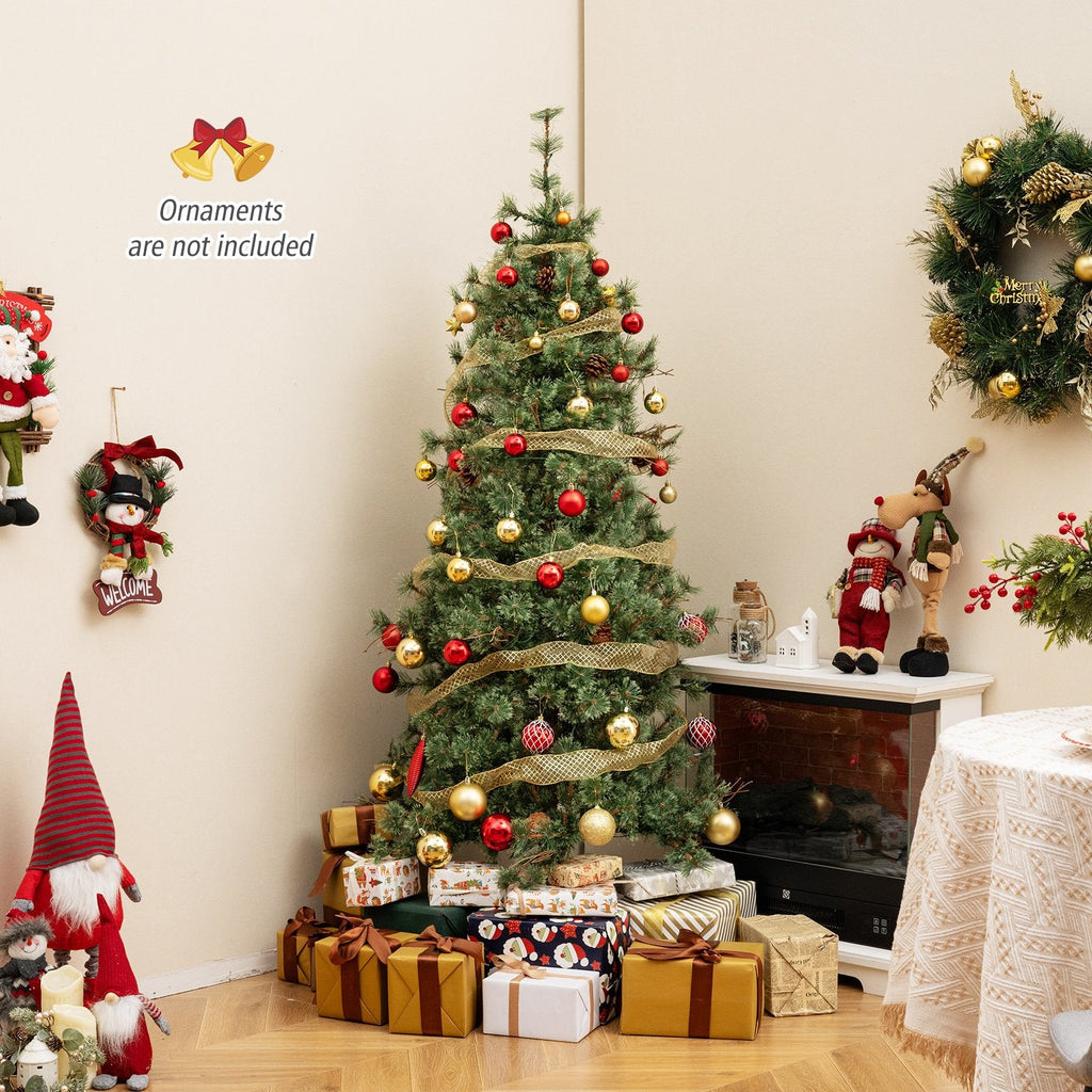 6 FT Pre-Lit Hinged Christmas Tree with 370 Cashmere Tips, 22 Pine Cones and Vintage Style LEDs