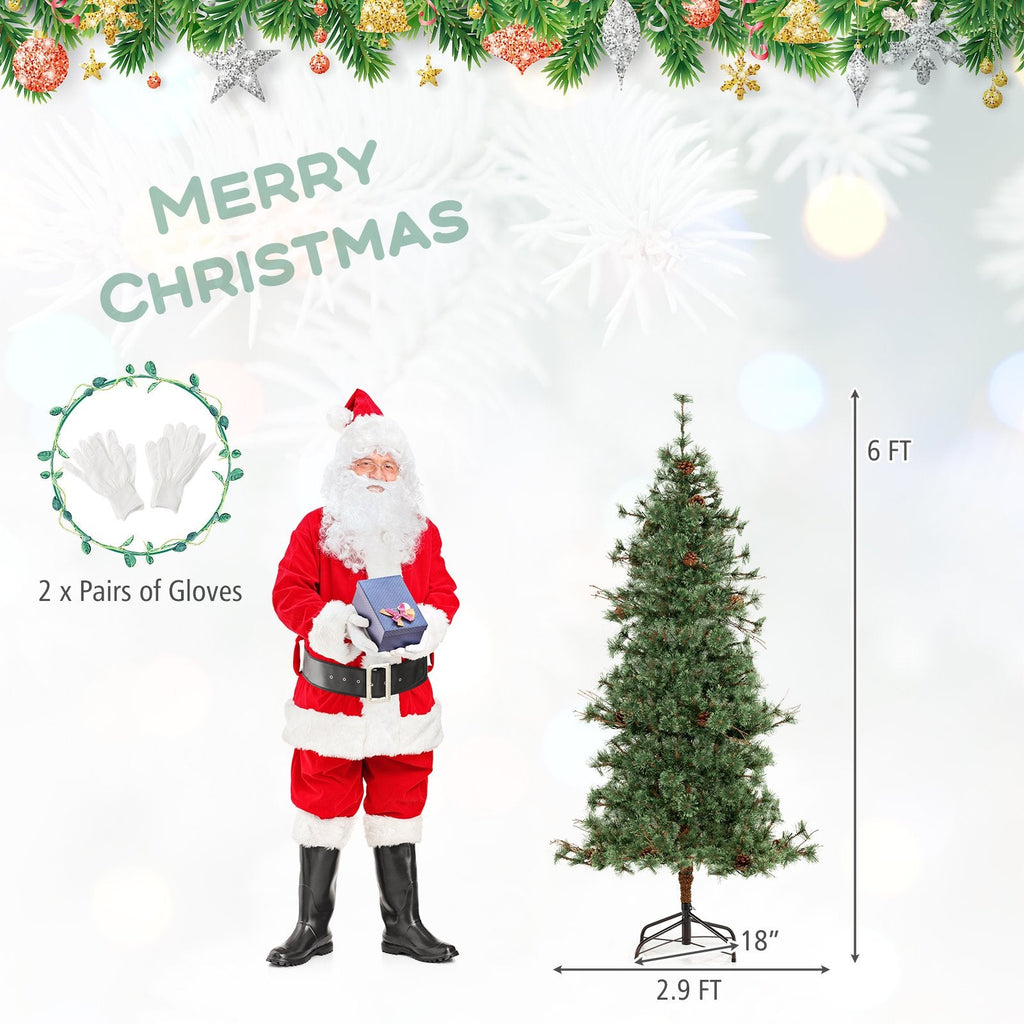 6 FT Pre-Lit Hinged Christmas Tree with 370 Cashmere Tips, 22 Pine Cones and Vintage Style LEDs
