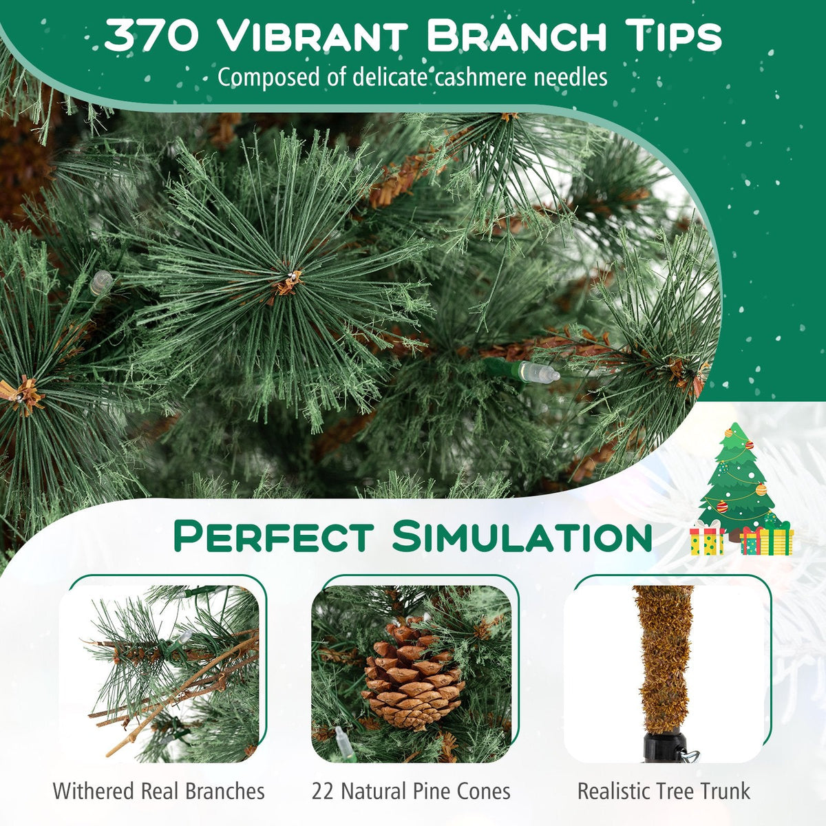 6 FT Pre-Lit Hinged Christmas Tree with 370 Cashmere Tips, 22 Pine Cones and Vintage Style LEDs
