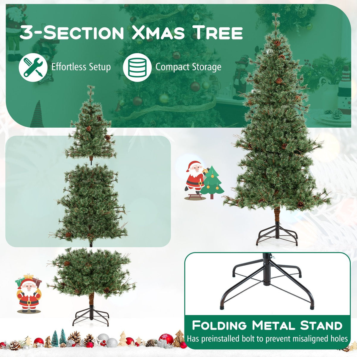 6 FT Pre-Lit Hinged Christmas Tree with 370 Cashmere Tips, 22 Pine Cones and Vintage Style LEDs