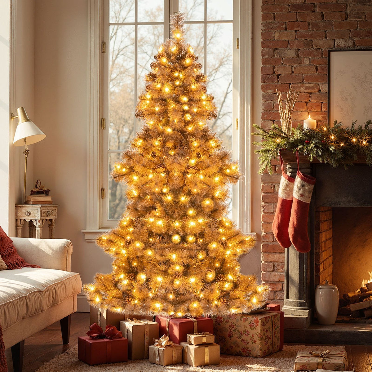 6 FT Pre-Lit Chocolate Brown Christmas Tree with 493 Tips, 52 Pine Cones and 200 Warm White LEDs