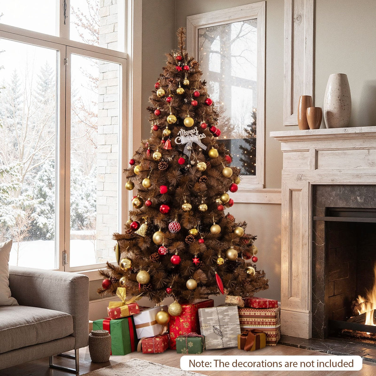 6 FT Pre-Lit Chocolate Brown Christmas Tree with 493 Tips, 52 Pine Cones and 200 Warm White LEDs
