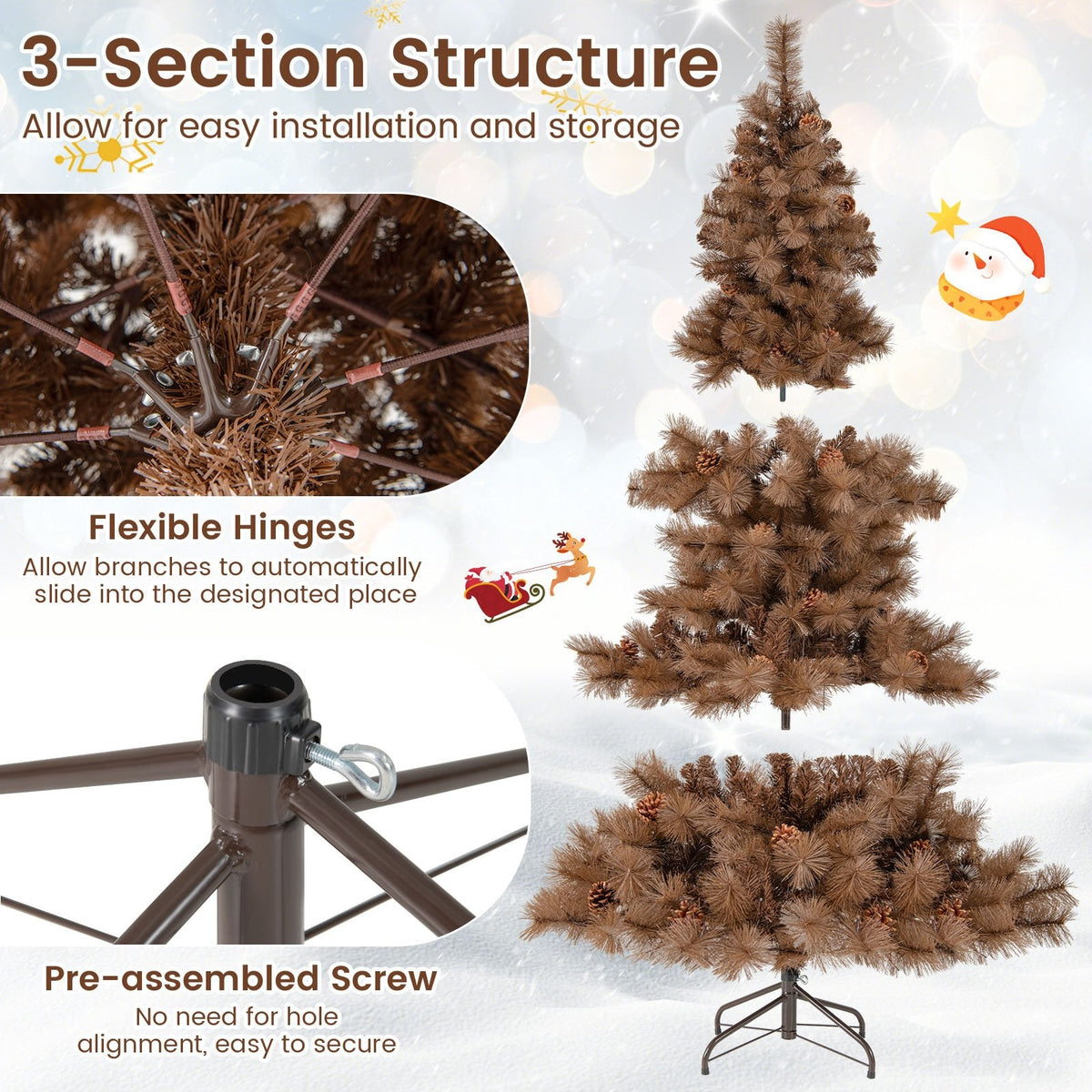 6 FT Pre-Lit Chocolate Brown Christmas Tree with 493 Tips, 52 Pine Cones and 200 Warm White LEDs