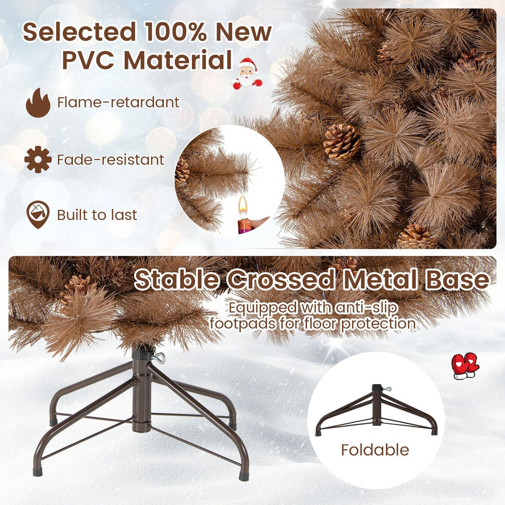 6 FT Pre-Lit Chocolate Brown Christmas Tree with 493 Tips, 52 Pine Cones and 200 Warm White LEDs