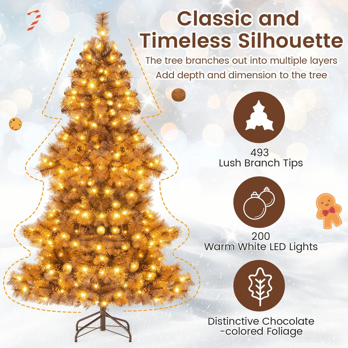 6 FT Pre-Lit Chocolate Brown Christmas Tree with 493 Tips, 52 Pine Cones and 200 Warm White LEDs