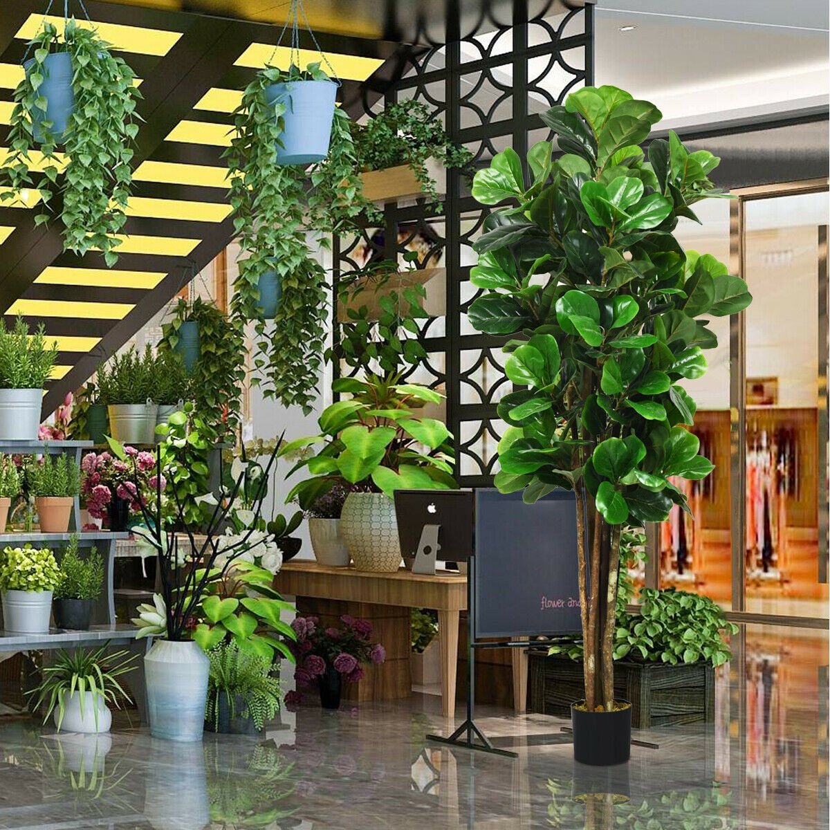 71 Inch Artificial Fiddle Leaf Fig Tree with Cement Weighted Planter, 232 Leaves