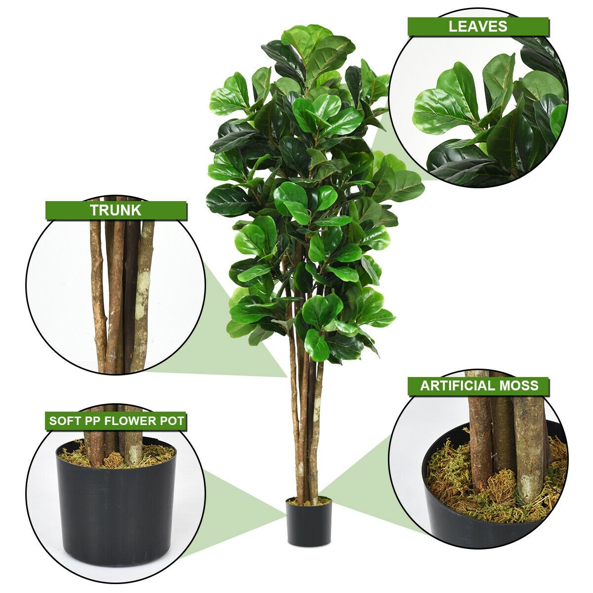 71 Inch Artificial Fiddle Leaf Fig Tree with Cement Weighted Planter, 232 Leaves