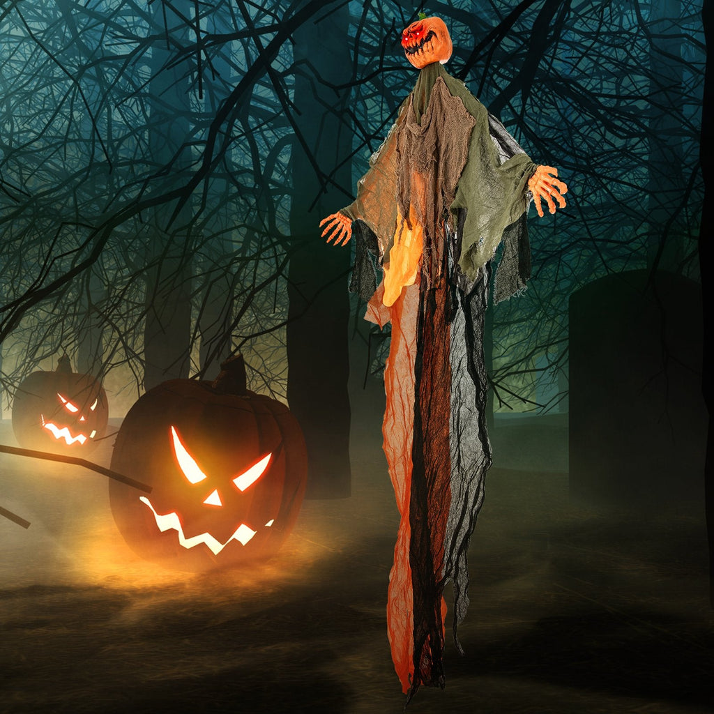 6 Feet Hanging Pumpkin Ghost with Red Glowing Eyes and Bendable Arms
