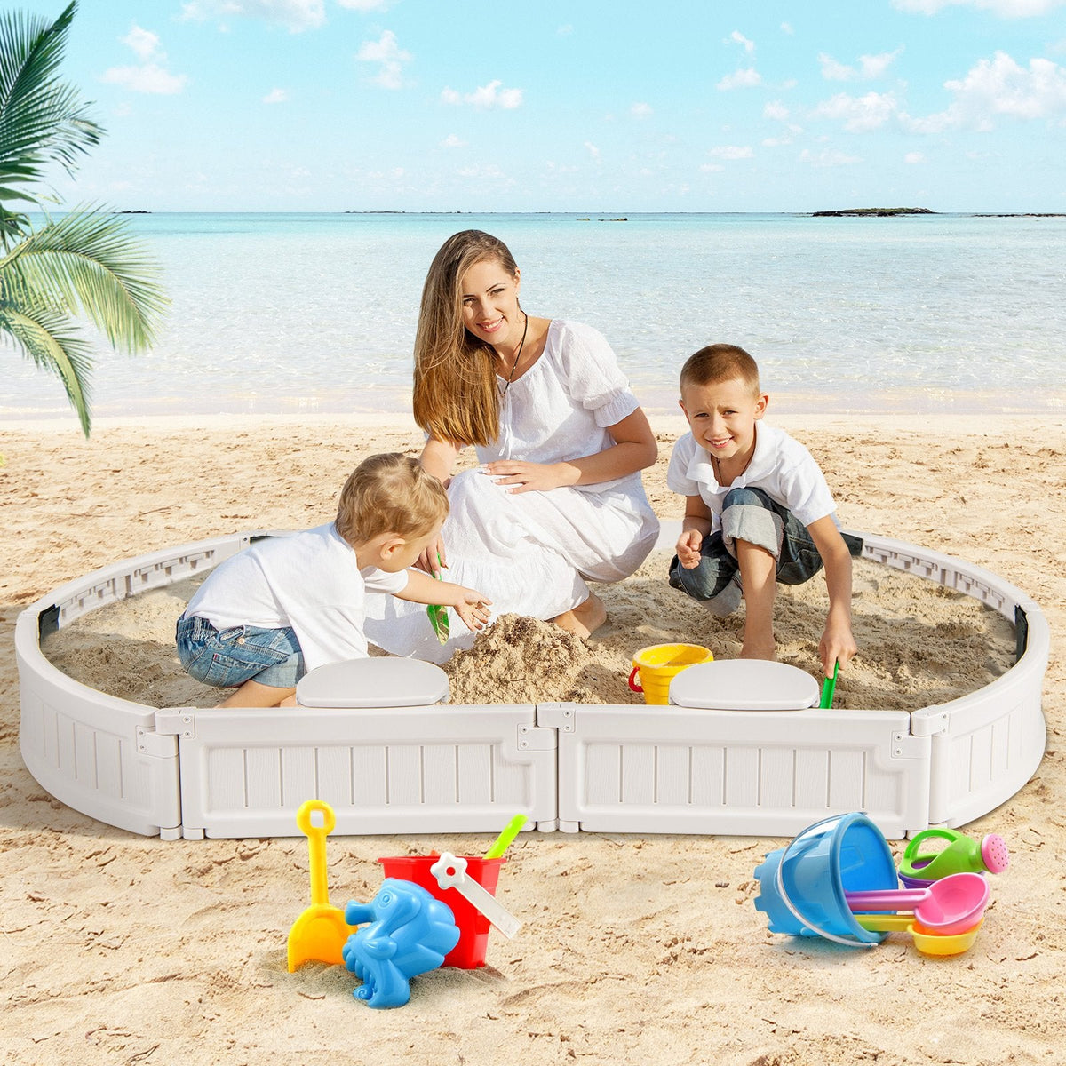 6 Feet Kids Oval Sandbox with Built-in Corner Seat and Bottom Liner-White