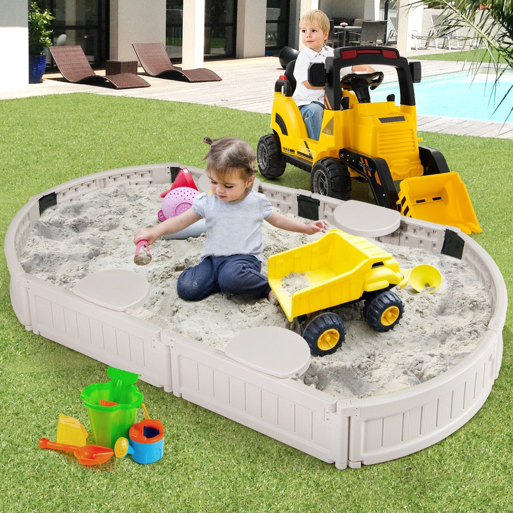 6 Feet Kids Oval Sandbox with Built-in Corner Seat and Bottom Liner-White