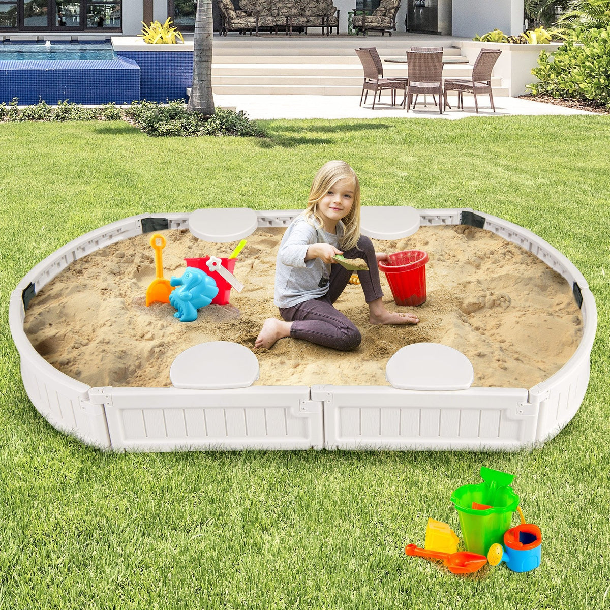 6 Feet Kids Oval Sandbox with Built-in Corner Seat and Bottom Liner-White