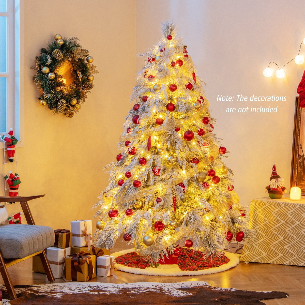 6 FT Pre-Lit Snow Flocked Christmas Tree with 519 Tips in Three Leaf Types and 250 Warm White LEDs