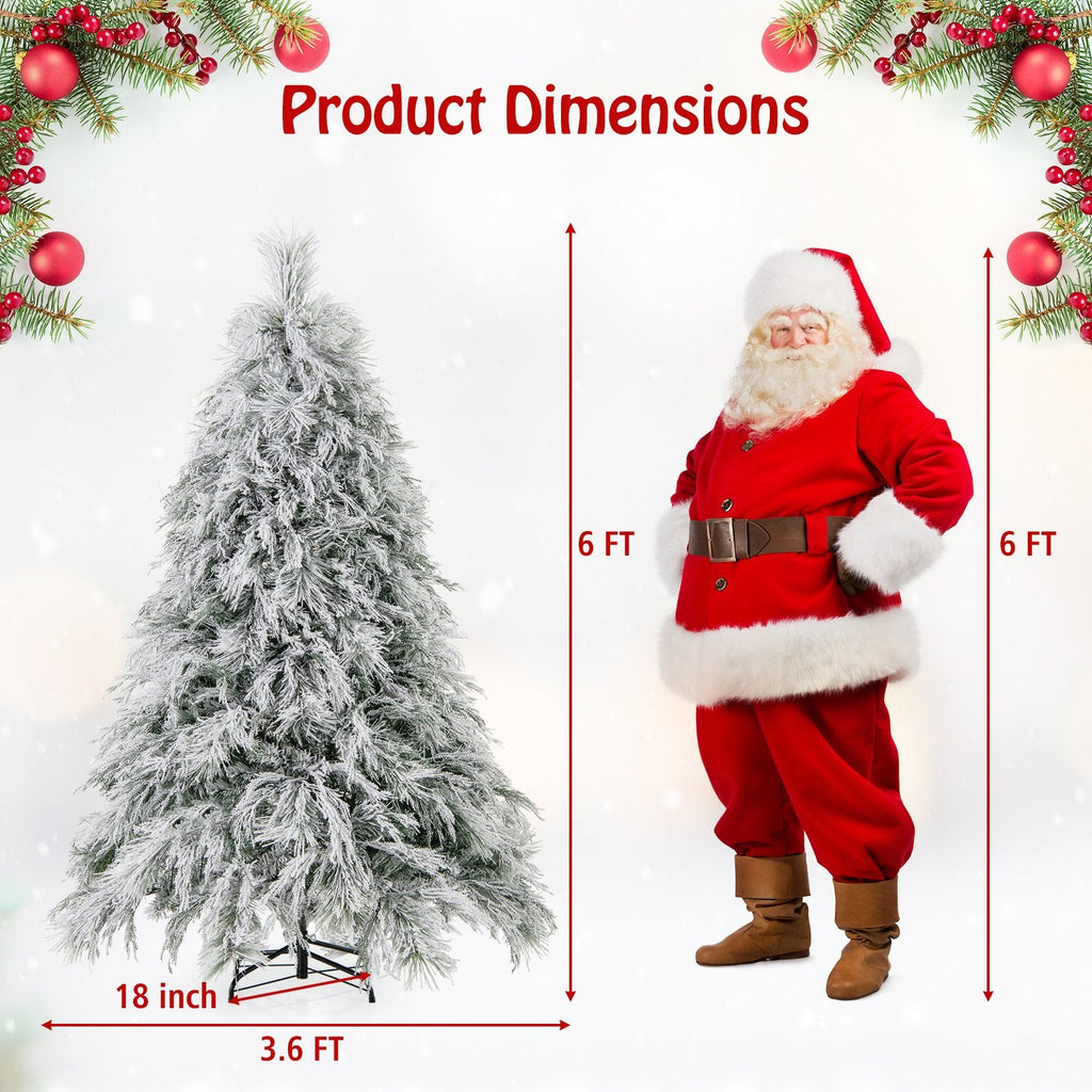 6 FT Pre-Lit Snow Flocked Christmas Tree with 519 Tips in Three Leaf Types and 250 Warm White LEDs