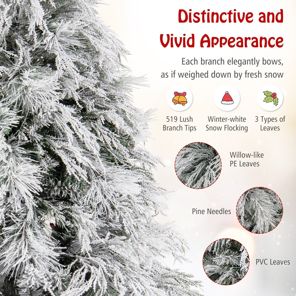 6 FT Pre-Lit Snow Flocked Christmas Tree with 519 Tips in Three Leaf Types and 250 Warm White LEDs