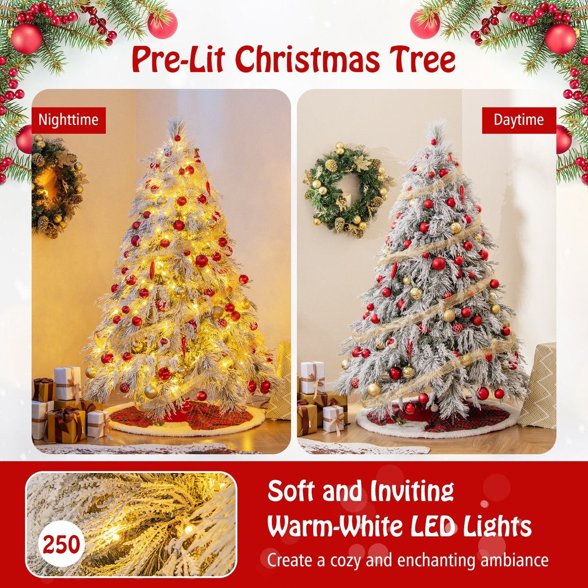 6 FT Pre-Lit Snow Flocked Christmas Tree with 519 Tips in Three Leaf Types and 250 Warm White LEDs