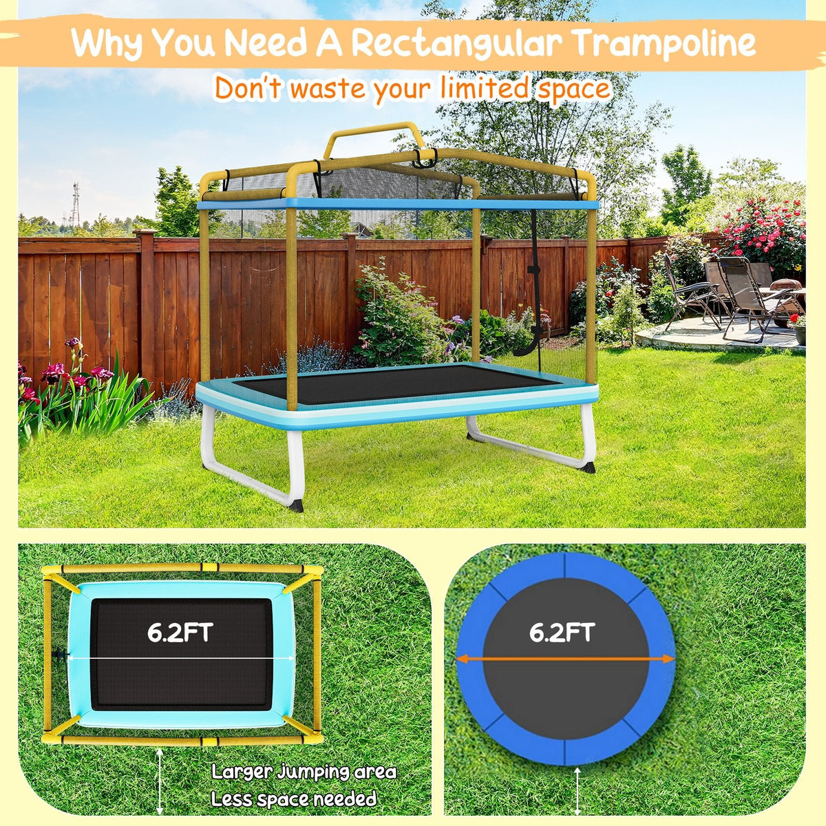 6 Feet Rectangle Trampoline with Swing Horizontal Bar and Safety Net-Yellow