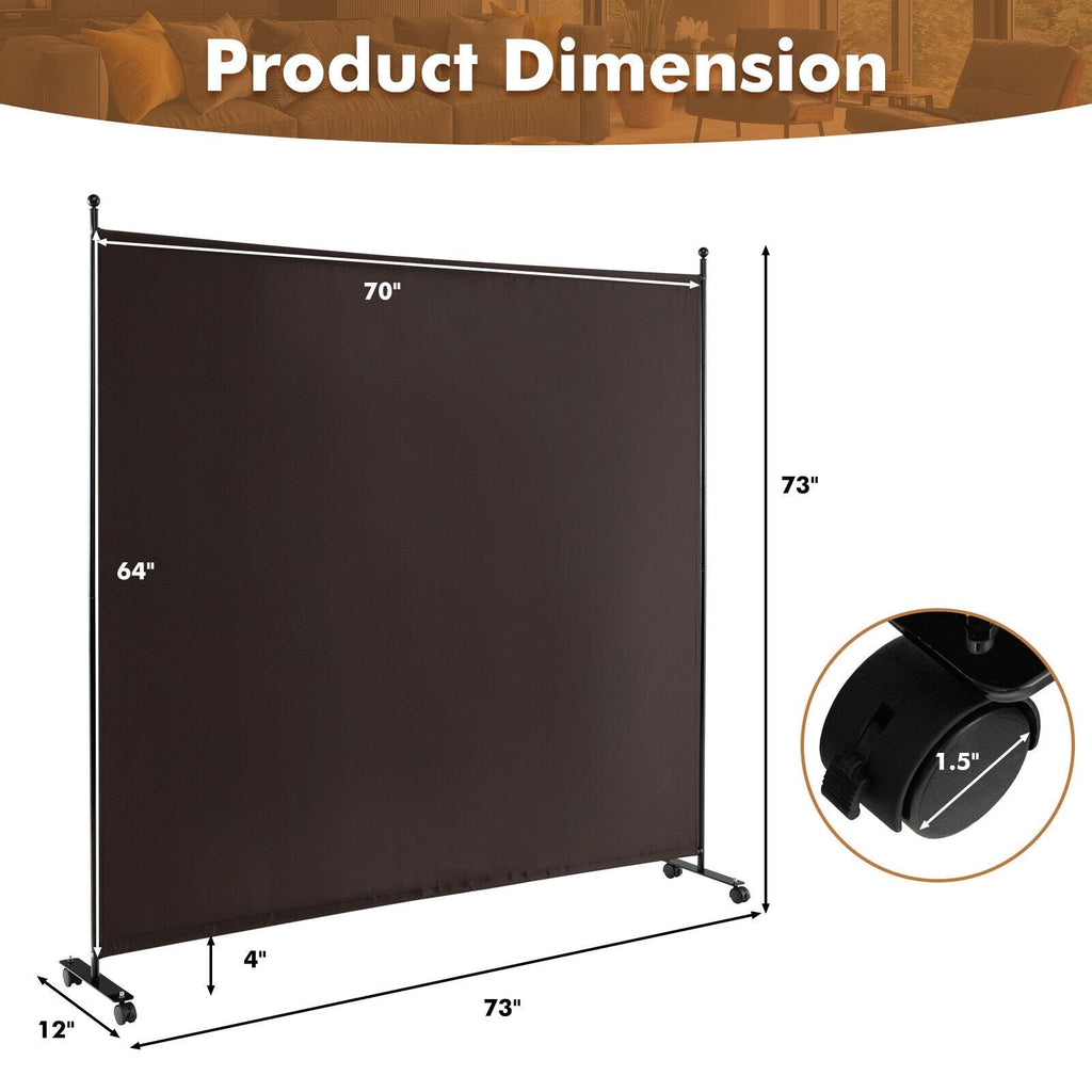 6 Feet Single Panel Rolling Room Divider with Smooth Wheels-Brown
