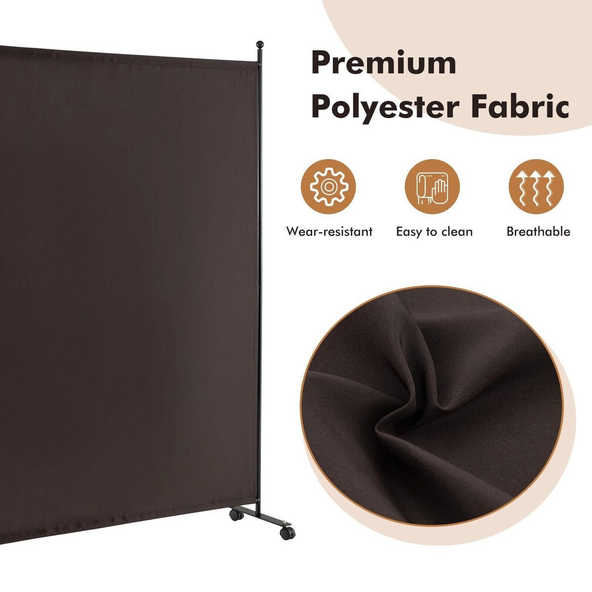 6 Feet Single Panel Rolling Room Divider with Smooth Wheels-Brown