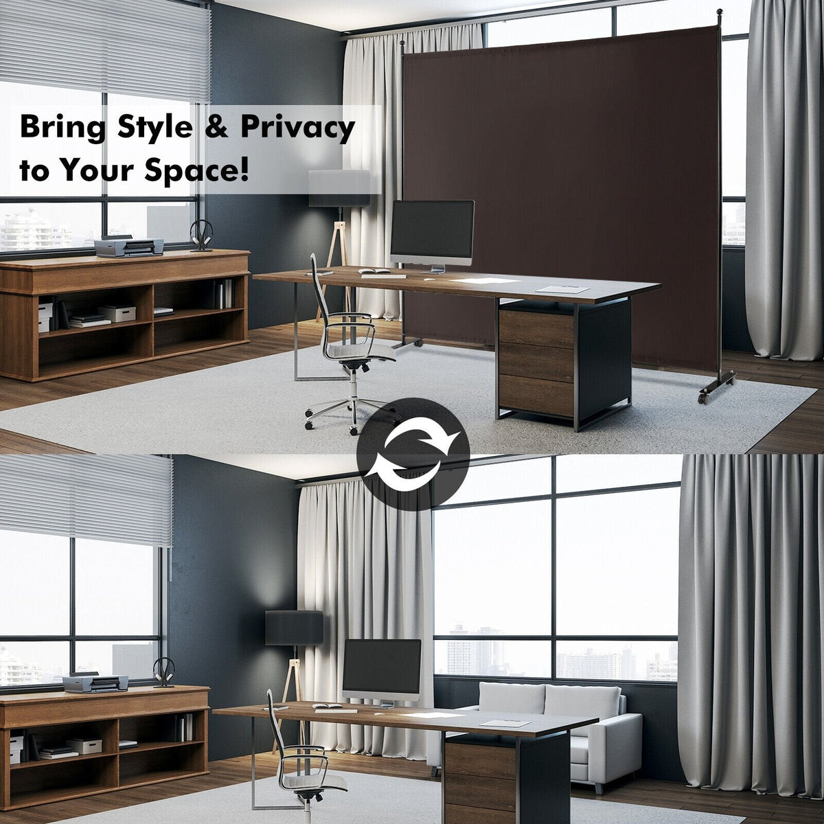 6 Feet Single Panel Rolling Room Divider with Smooth Wheels-Brown