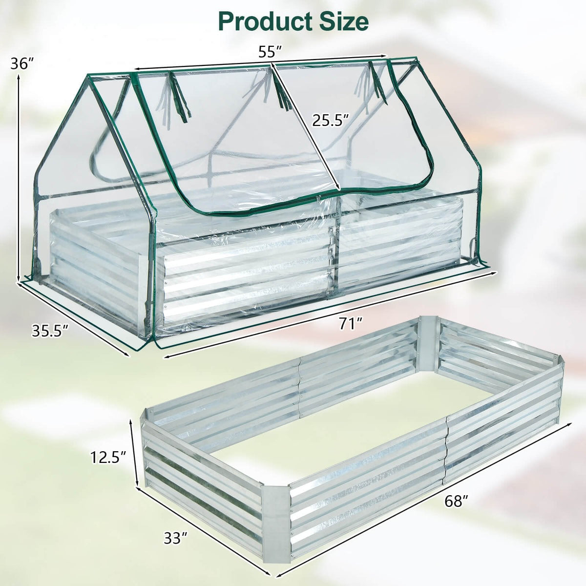 6 x 3 x 3 Feet Galvanized Raised Garden Bed with Greenhouse-Silver