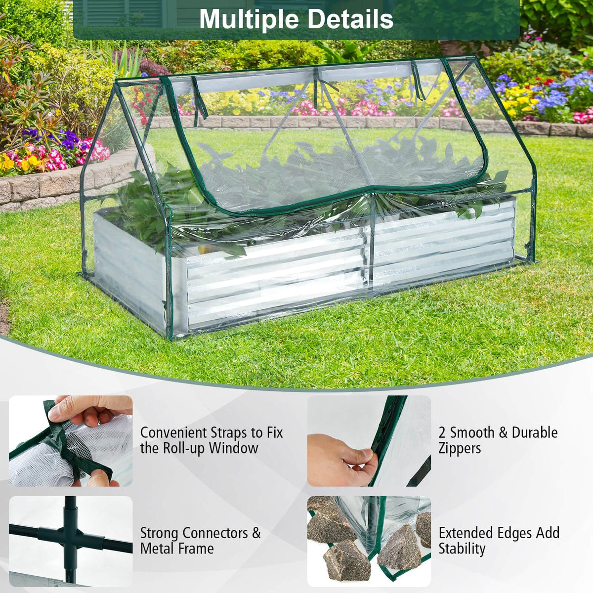 6 x 3 x 3 Feet Galvanized Raised Garden Bed with Greenhouse-Silver