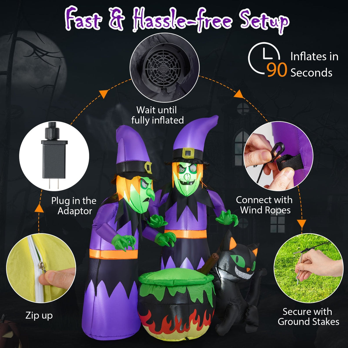 6 Ft Inflatable Halloween Witches with Cauldron & Black Cat