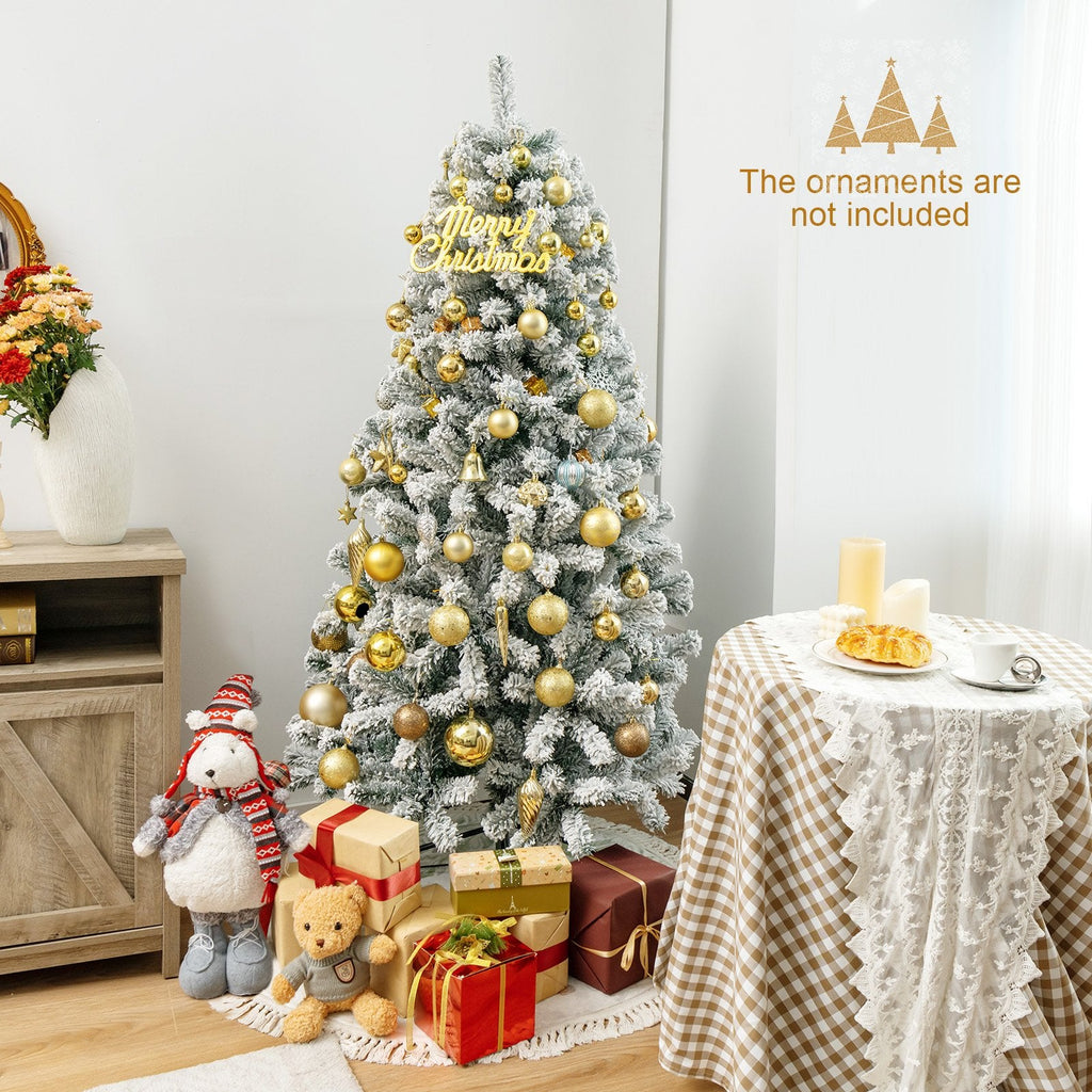 6 FT Snow Flocked Hinged Artificial Christmas Tree with 600 Tips and X Shaped Metal Stand
