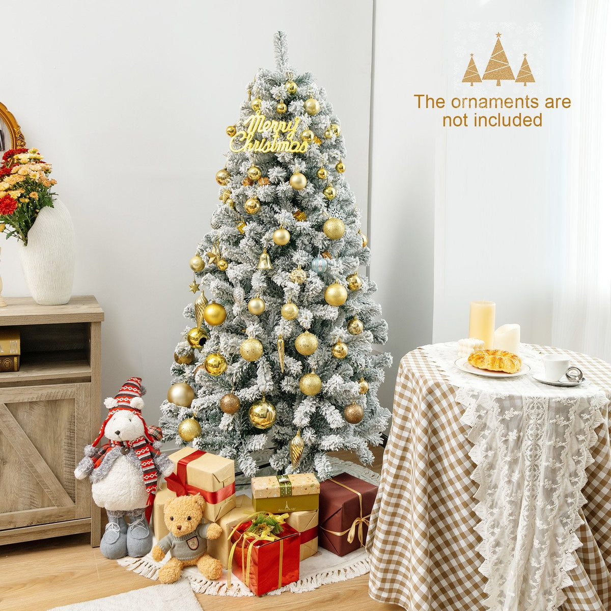 6 FT Snow Flocked Hinged Artificial Christmas Tree with 600 Tips and X Shaped Metal Stand