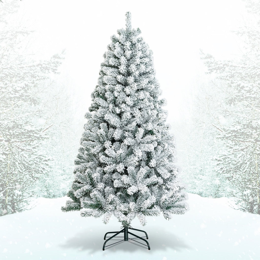 6 FT Snow Flocked Hinged Artificial Christmas Tree with 600 Tips and X Shaped Metal Stand