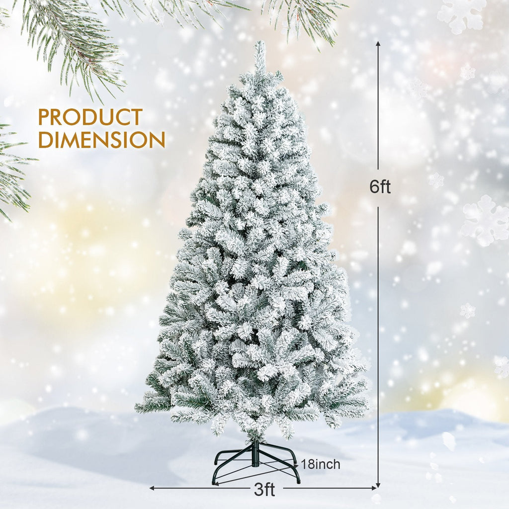6 FT Snow Flocked Hinged Artificial Christmas Tree with 600 Tips and X Shaped Metal Stand
