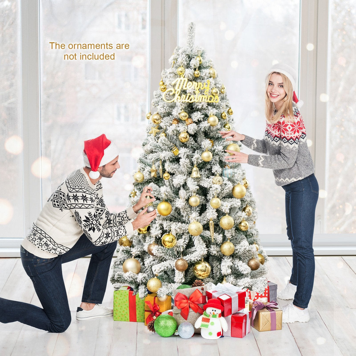 6 FT Snow Flocked Hinged Artificial Christmas Tree with 600 Tips and X Shaped Metal Stand