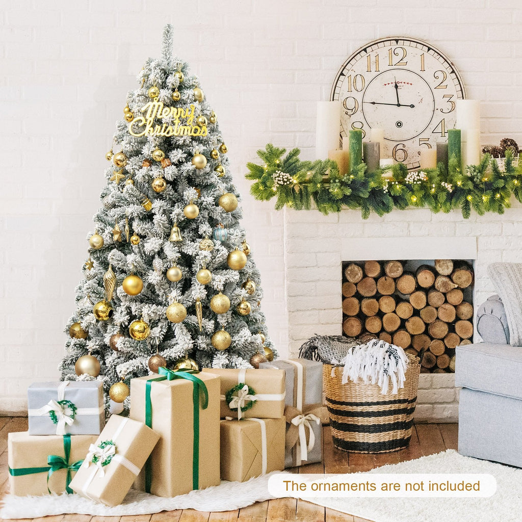 6 FT Snow Flocked Hinged Artificial Christmas Tree with 600 Tips and X Shaped Metal Stand
