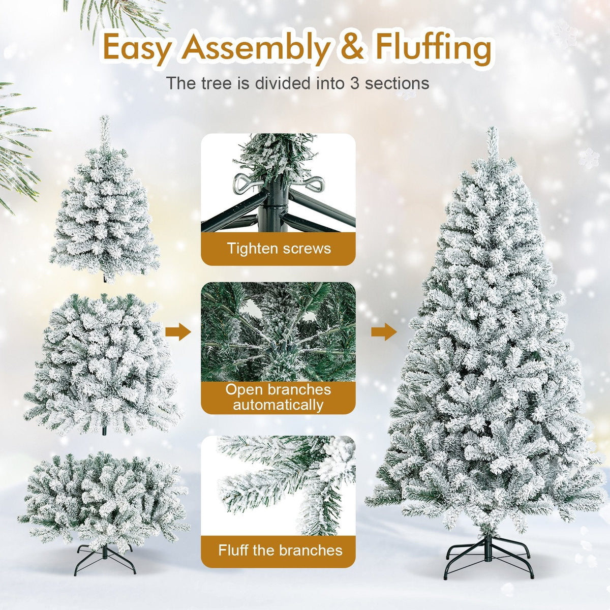 6 FT Snow Flocked Hinged Artificial Christmas Tree with 600 Tips and X Shaped Metal Stand