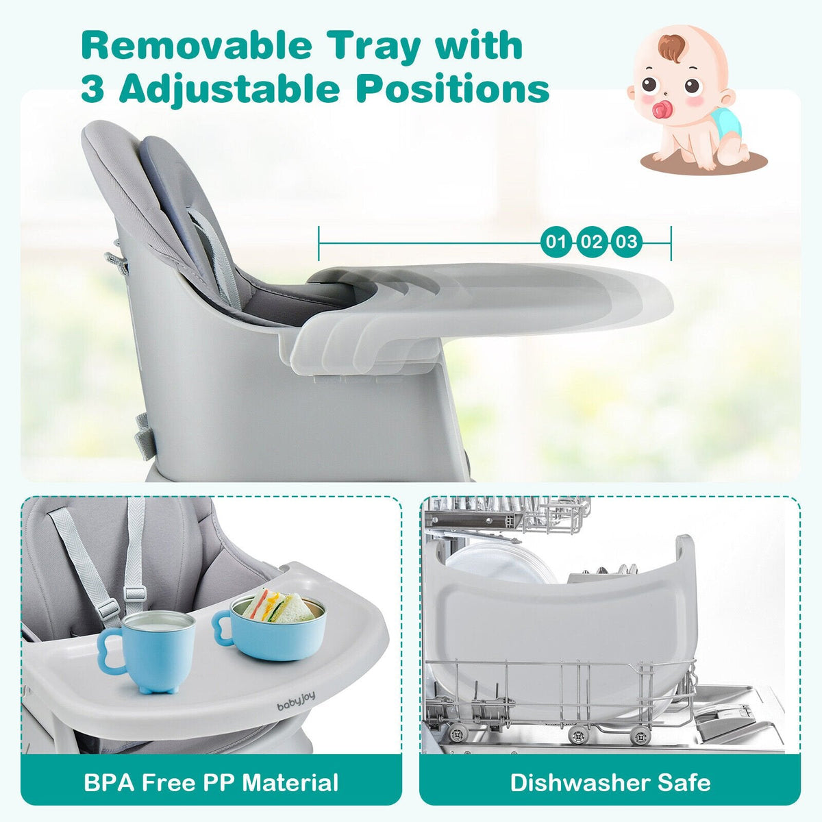 6-in-1 Convertible Baby High Chair with Adjustable Removable Tray-Gray