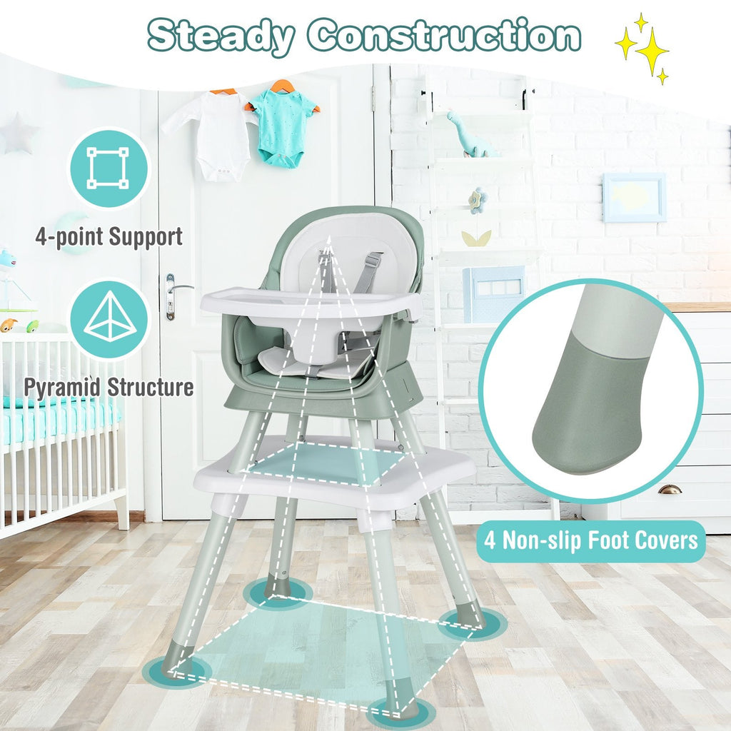 6-in-1 Convertible Baby High Chair with Adjustable Removable Tray-Green