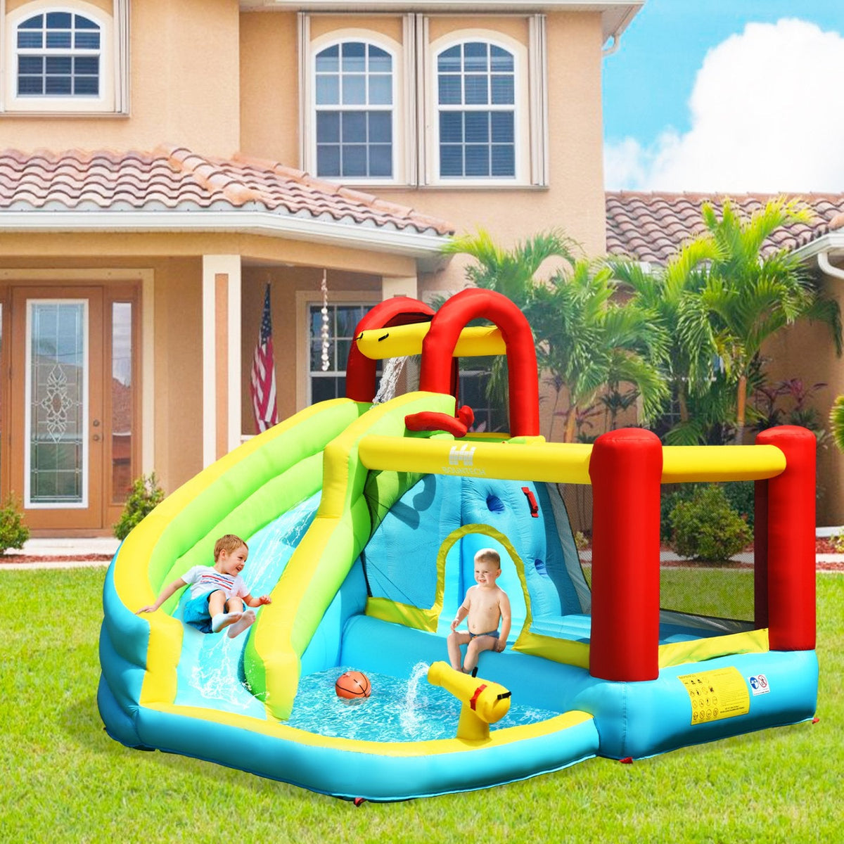 6-in-1 Inflatable Bounce House with Trampoline, Climbing Wall and Blower Included