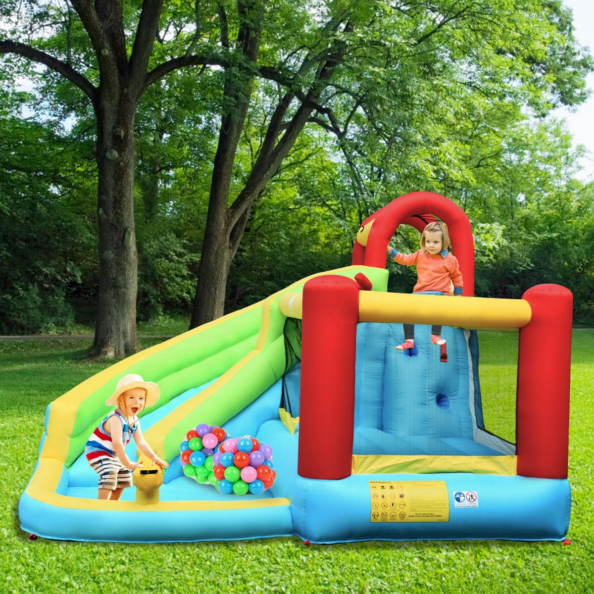 6-in-1 Inflatable Bounce House with Trampoline, Climbing Wall and Blower Included