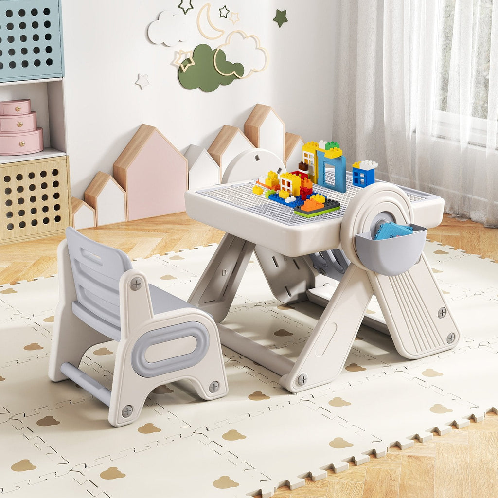 6-in-1 Multi-activity Children Table and Chair Set Folding Art Easel Set-Gray and White
