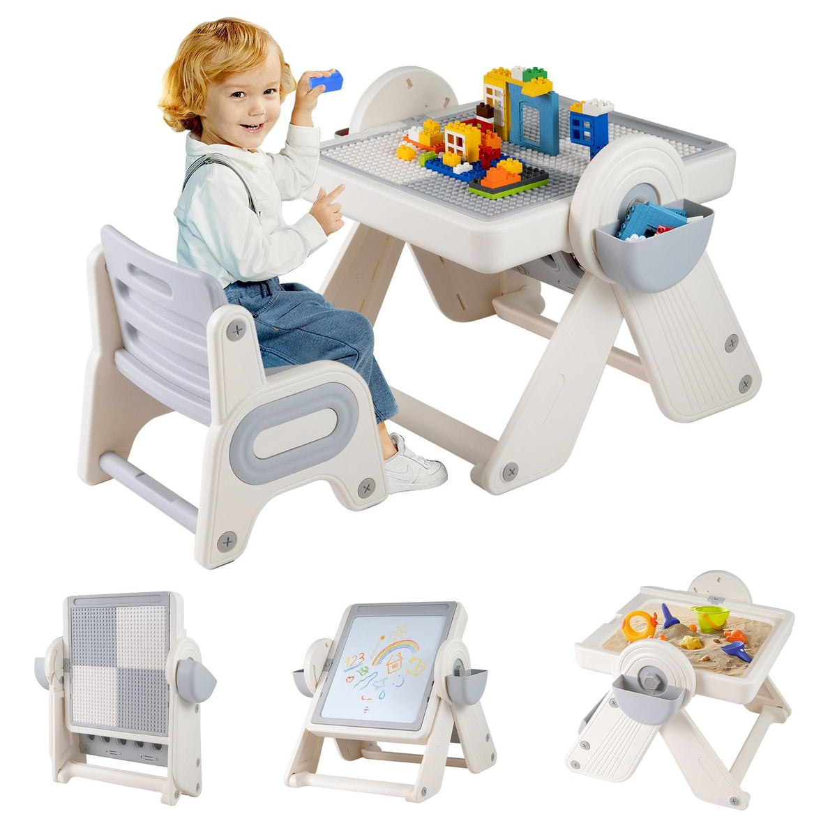 6-in-1 Multi-activity Children Table and Chair Set Folding Art Easel Set-Gray and White