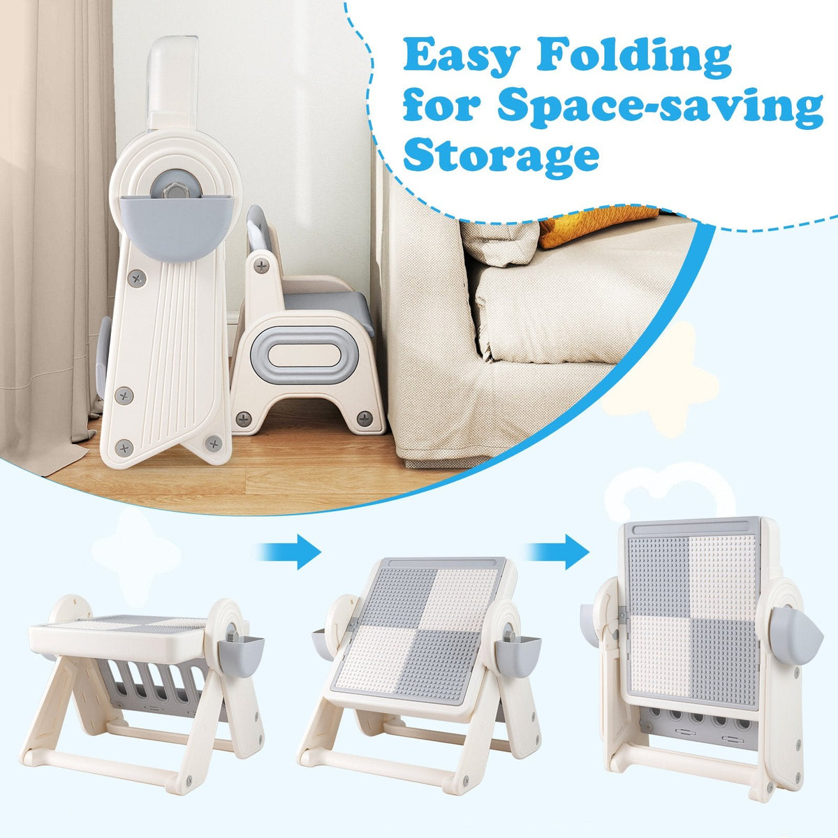 6-in-1 Multi-activity Children Table and Chair Set Folding Art Easel Set-Gray and White