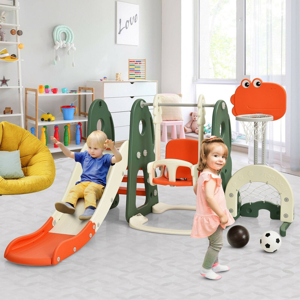 6 in 1 Toddler Slide and Swing Set with Ball Games-Orange