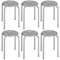 6 Pack Stackable Round Metal Stools with Daisy Cut Seats, 17.5 Inch Seat Height, Silver Grey