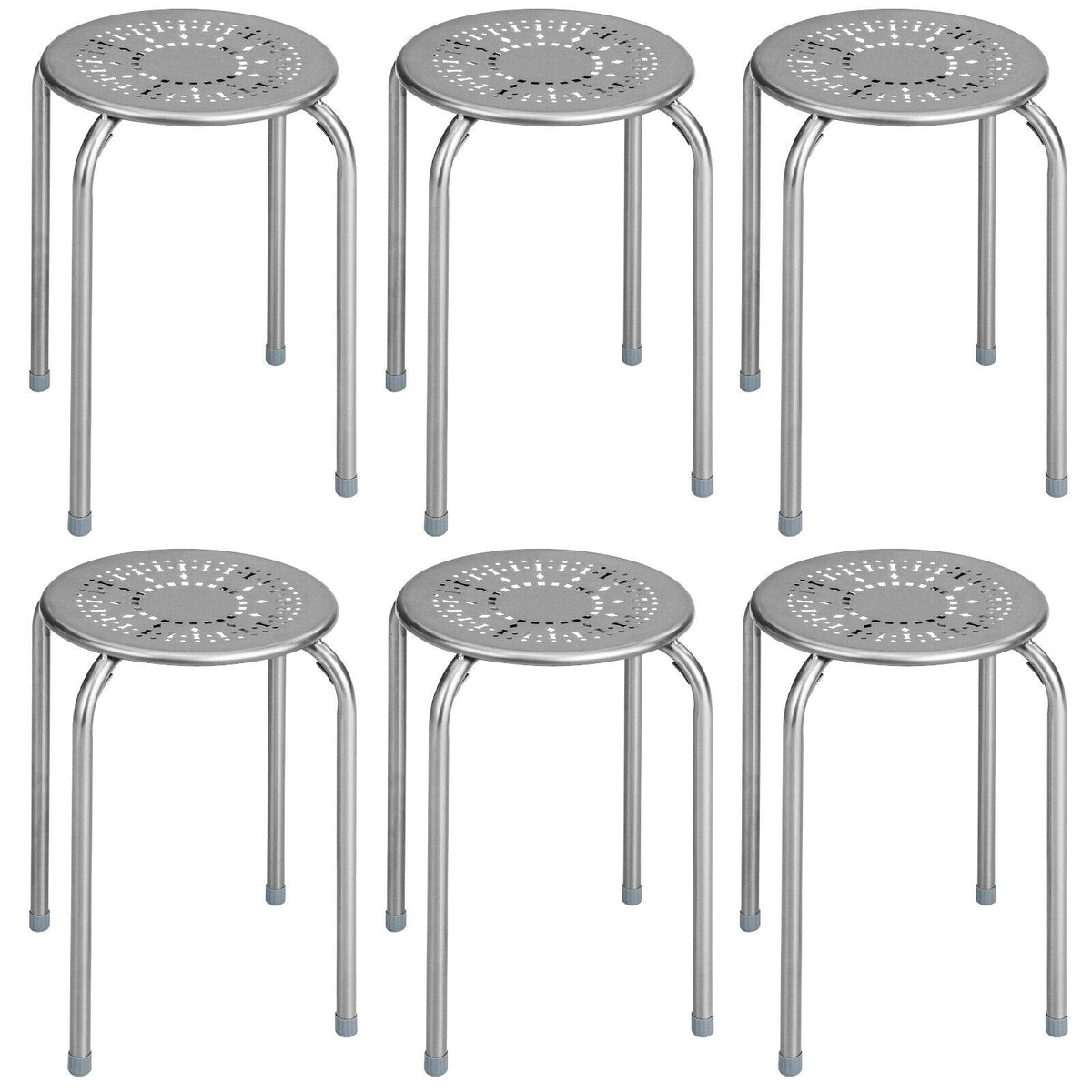 6 Pack Stackable Round Metal Stools with Daisy Cut Seats, 17.5 Inch Seat Height, Silver Grey