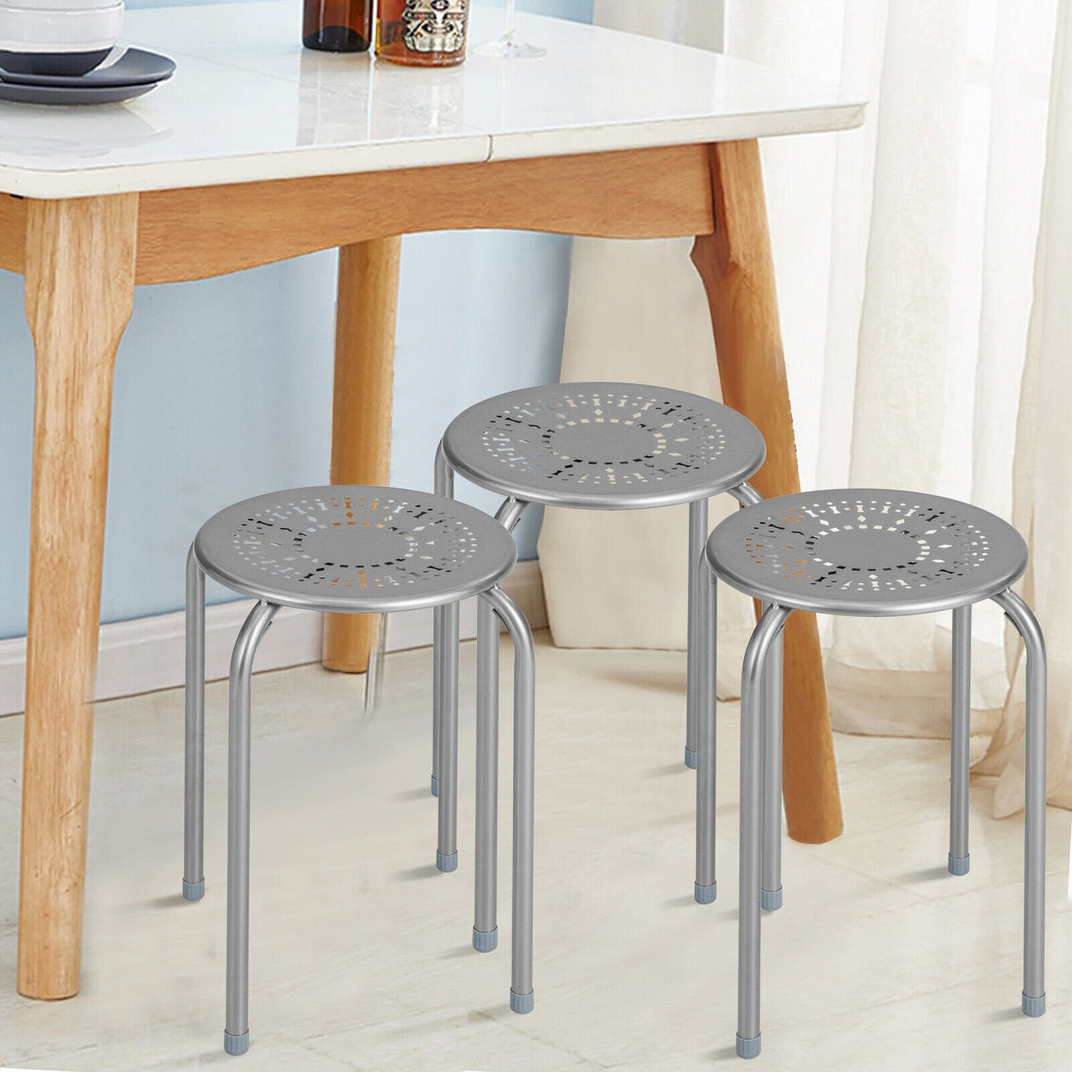 6 Pack Stackable Round Metal Stools with Daisy Cut Seats, 17.5 Inch Seat Height, Silver Grey