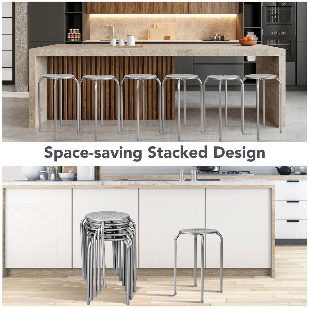 6 Pack Stackable Round Metal Stools with Daisy Cut Seats, 17.5 Inch Seat Height, Silver Grey