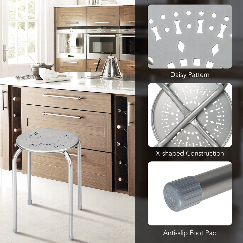 6 Pack Stackable Round Metal Stools with Daisy Cut Seats, 17.5 Inch Seat Height, Silver Grey