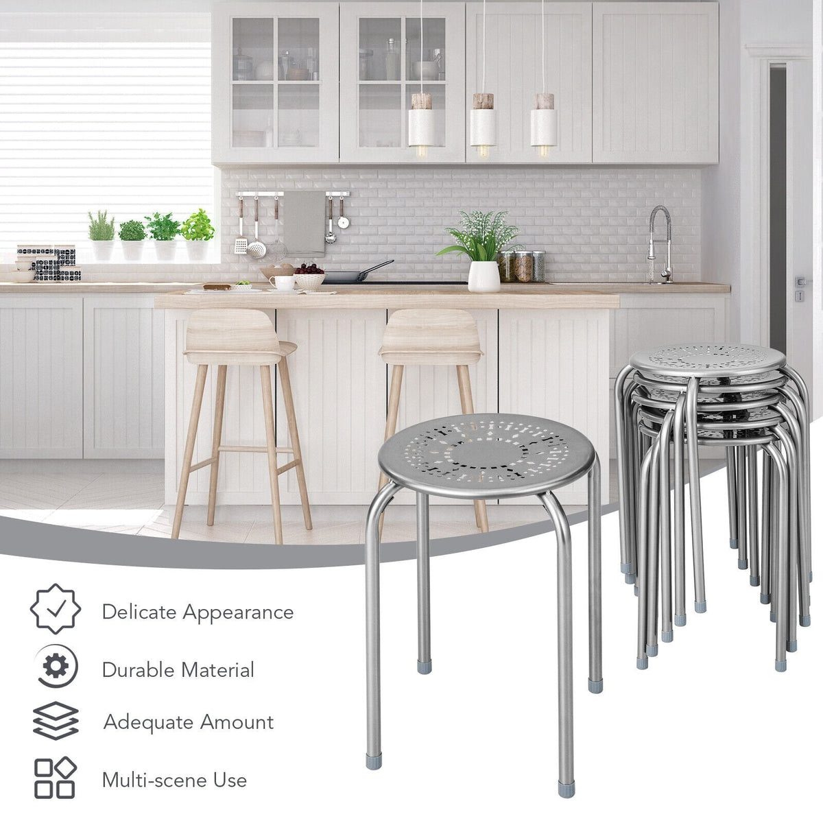 6 Pack Stackable Round Metal Stools with Daisy Cut Seats, 17.5 Inch Seat Height, Silver Grey